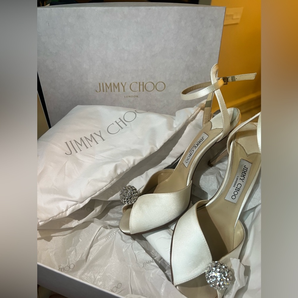 Jimmy Choo ivory/white satin high heel sandals with diamanté details
